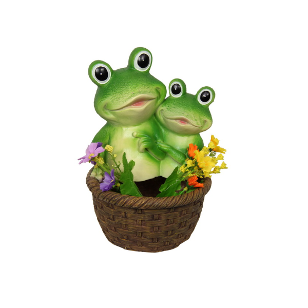 Frogs in Basket with Flowers